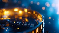 Macro shot of camera lens mount with golden bokeh lights creating magical atmosphere. Metal gear mechanism with reflective surface against blurred blue background.