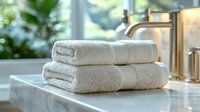 Luxurious white cotton bath towels neatly folded on marble countertop in modern bathroom with natural lighting and brass fixtures, creating spa-like atmosphere.