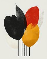 Abstract floral composition with minimalist shapes in black, red, yellow and white colors on textured background. Modern wall art with organic forms and clean lines.