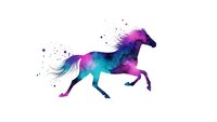 Colorful watercolor horse silhouette with purple and teal gradient effects dissolving into paint splashes on white background for creative designs.