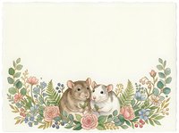 Two cute mice nestled among roses, ferns, and wildflowers on a soft cream card with copy space for greetings.