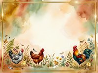 Watercolor farm scene with red and brown roosters, hens, wildflowers, and botanical elements on aged paper background. Vintage farmhouse decor for rustic designs.