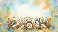 Adorable hedgehogs family gathering among autumn leaves and flowers on watercolor background for seasonal greeting cards and nursery decor.