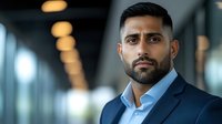 Middle Eastern businessman with beard wearing navy suit and light blue shirt looking confidently at camera in modern office corridor with bokeh lighting background.