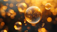 Magical golden bubbles floating in dark space with glowing bokeh lights and sparkles inside transparent spheres creating dreamy atmospheric effect.