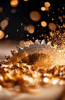 Circular saw blade cutting metal with bright orange sparks and bokeh effects against dark background, dramatic industrial close-up showing motion and heat.