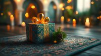Elegant gift box with golden bow on ornate surface against blurred holiday lights background, pine cone decoration creates festive Christmas atmosphere.