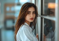 Young woman with long dark hair wearing white shirt leaning against window frame, soft natural lighting creates moody atmosphere for fashion and lifestyle content.