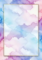 Abstract watercolor background with soft blue pink purple gradient clouds and gold frame for wedding invitations greeting cards and stationery design.