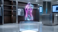 Futuristic holographic female figure projection in modern tech laboratory with glass display case and digital screens for sci-fi concepts.