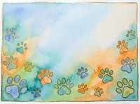 Watercolor paw prints in vibrant orange, blue, and green tones on soft gradient background. Perfect for pet-related designs, animal lovers' projects, and veterinary materials.