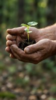 Hands holding young seedling with soil against blurred green foliage, representing environmental conservation, sustainable growth, and ecological responsibility for gardening and nature projects.