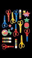 Colorful kids craft supply set with scissors, glue sticks, and foam shapes isolated on transparent background, great for clipart, stickers, and print on demand.