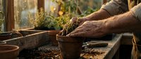 Senior gardener hands planting seedlings in terracotta pots at rustic potting bench with warm sunlight streaming through greenhouse windows.