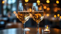 Two sparkling wine glasses filled with golden champagne against blurred warm bokeh lights and candlelit background create romantic celebratory atmosphere.