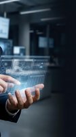 Businessman hands holding futuristic holographic interface with data analytics charts and graphs in modern office environment for digital transformation.
