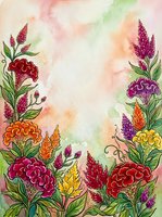Vibrant watercolor floral border with celosia and wildflowers in red, pink, yellow and purple, framing a soft pastel background with copy space.