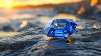 Radiant blue sapphire gemstone on rocky surface at sunset, with golden bokeh lights and sun reflection creating magical atmosphere. Luxury jewelry concept.
