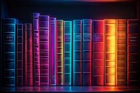 Row of colorful hardcover books on dark shelf illuminated by vibrant neon lights creating dramatic rainbow effect, spines glowing with blue, purple, and orange hues.
