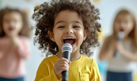 Mixed race girl with curly afro hair singing into microphone, wearing yellow t-shirt, expressing joy and happiness during performance. Blurred children in background.