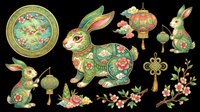 Ornate Asian rabbit and decorative elements with floral patterns, lanterns, and botanical motifs isolated on transparent background. Ready for t-shirt design, clipart, stickers, sublimation, and print-on-demand projects.