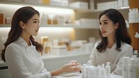 Two Asian female beauty consultants in white uniforms discussing skincare products in modern cosmetics store with illuminated shelves of bottles and containers.