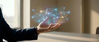Business professional displaying holographic network connections above open palm in modern office environment for technology and innovation concepts.