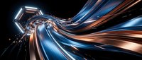 Futuristic digital tunnel with flowing light streams in blue and orange colors creating dynamic motion effect for technology and innovation concepts.