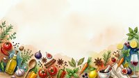 Culinary ingredients and spices border frame with fresh vegetables, herbs, oils and seasonings on light background for cooking and recipe design.