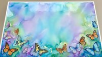 Colorful watercolor background with decorative butterflies border frame for spring summer designs and creative projects.