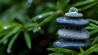Stacked wet spa stones with water drop on top against green bamboo leaves background, creating zen and relaxation atmosphere for wellness and meditation.