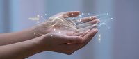 Cupped hands holding glowing network connections with light particles, representing digital transformation, connectivity and innovation in modern technology.