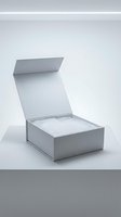 Open gray cardboard gift box with white tissue paper inside on clean white background for product packaging and presentation mockup designs.