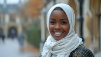 Young African woman wearing white hijab headscarf smiling warmly at camera on urban street. Muslim female portrait with natural makeup and friendly expression.