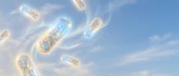 Glowing microscopic organisms floating against blue sky background, representing bacteria, microbes, or plankton for scientific and educational use.