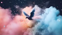 Majestic eagle silhouette soaring through dreamy pink and blue clouds against starry night sky, mystical atmosphere with glowing particles and ethereal lighting.