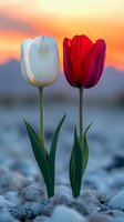 White and red tulips growing through rocky ground against dramatic sunset sky and mountain silhouettes, symbolizing hope, resilience and contrast in nature.