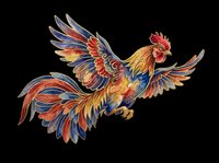 Colorful rooster with spread wings in watercolor style, isolated on transparent background, ready for t-shirt design, stickers, clipart, and print on demand.