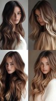 Young woman showcasing different balayage and ombre hair color techniques in warm brown and blonde tones, wearing neutral sweaters against neutral backgrounds.