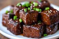 Glazed beef cubes garnished with chopped green onions and sesame seeds on white plate, close up view of Asian style braised meat dish with shiny sauce.