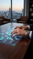 Businessman using futuristic holographic interface technology in modern office with city skyline view for digital transformation and innovation.