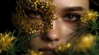 Close up portrait with golden glitter makeup and yellow wildflowers creating dreamy artistic composition against dark background, showcasing natural beauty and creative cosmetics.
