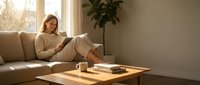 Young woman relaxing on beige sofa reading book in bright living room with natural sunlight streaming through window creating warm cozy atmosphere at home.
