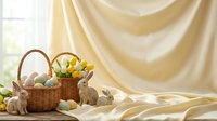 Easter basket with colorful eggs, yellow tulips and cute rabbits on soft cream fabric background for spring holiday celebration and decoration.