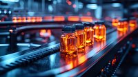 Glass jars with glowing amber liquid moving on automated production line conveyor belt in modern manufacturing facility with blue ambient lighting and bokeh effects.