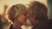 Intimate couple sharing tender moment with foreheads touching in warm golden light. Romantic connection between young adults in cozy indoor setting.