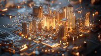 Glowing futuristic cityscape with illuminated skyscrapers on circuit board background, modern technology concept for smart city and digital transformation.