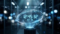 Futuristic holographic digital clock displaying time in glowing blue light with bokeh background for technology and sci-fi design projects.
