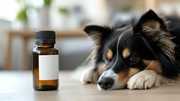 Small dog lying next to medicine bottle on table, pet healthcare and veterinary treatment concept for animal wellness and medication.