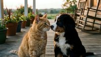 Two domestic pets, an orange tabby cat and a black and white dog, sit facing each other on a wooden deck with potted plants and countryside views, suitable for pet care, friendship, and animal companionship content.